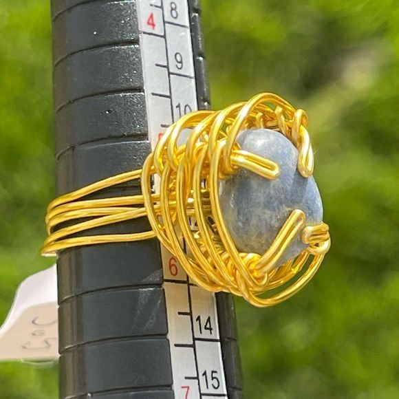 BLUE AVENTURINE QUARTZ ADJUSTABLE WIREWRAPPED CHUNKY GEMSTONE RING - Picture 12 of 16